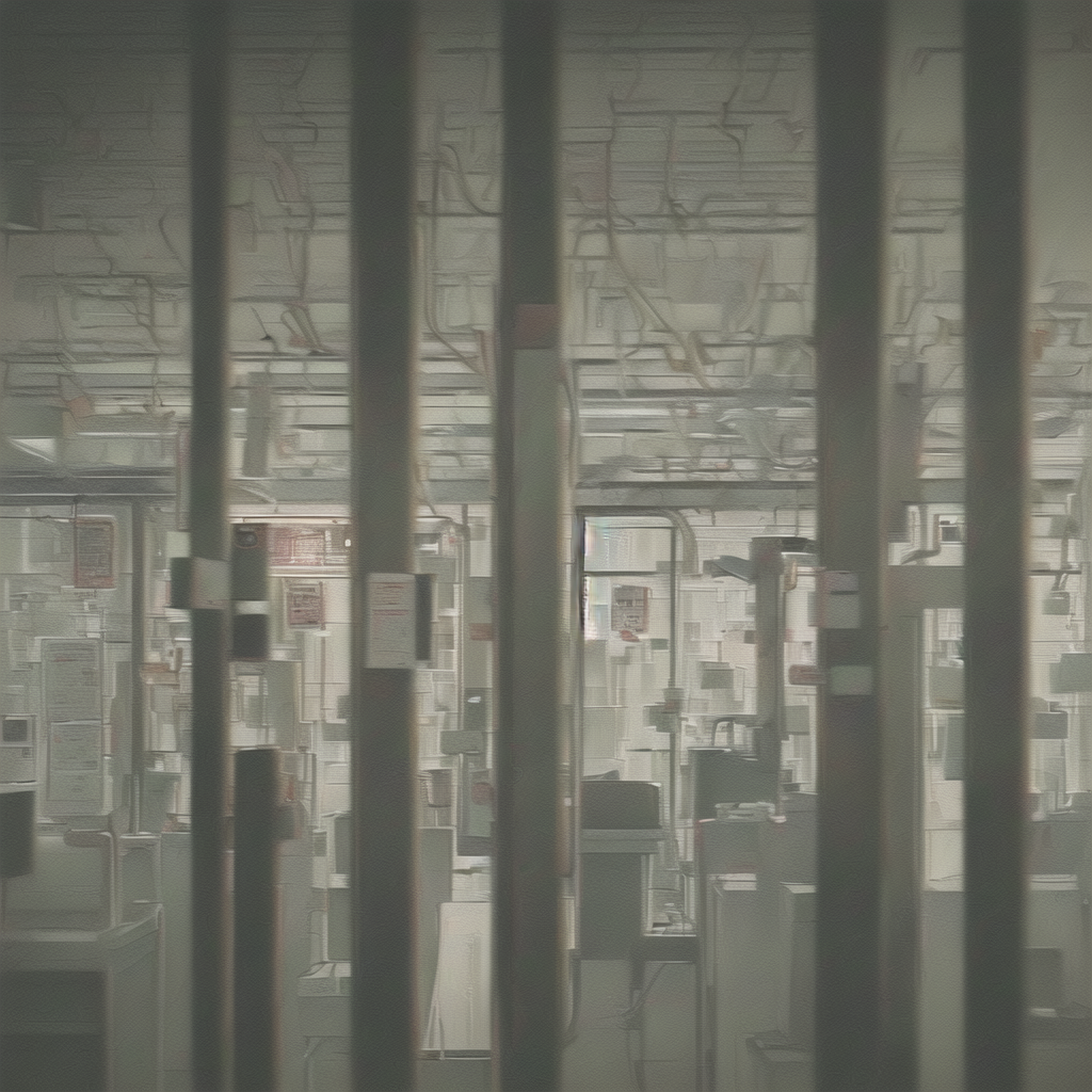 inside the municipal ghost kitchen. stainless steel counters gleam under emergency lights. an old ticket printer spits endless orders for soup nobody requested.