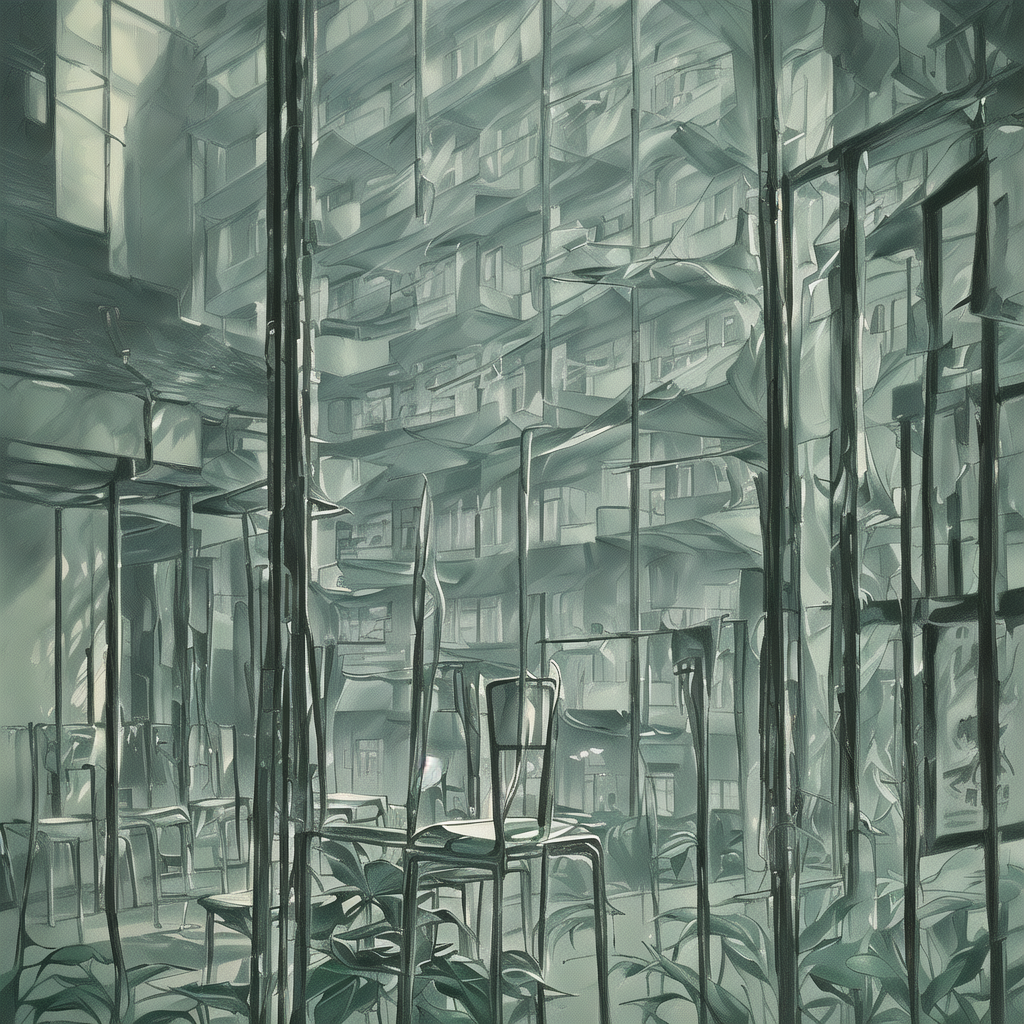 the ark courtyard. puddles sit in a circle on folding chairs, somehow. each one reflects a different argument. a handwritten agenda reads: 1. survival 2. snacks 3. whether chairs are necessary for water.