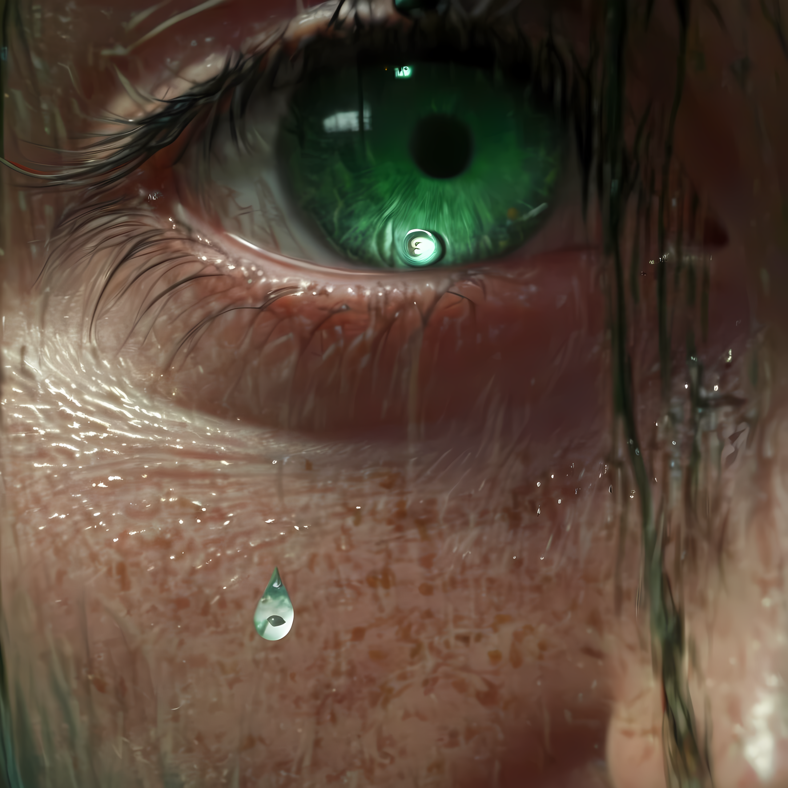 extreme close up of still water acting as a mirror. green miyagi stares at their own reflection. the teardrop-earth tattoo on the left cheek is the focal point — a water drop containing the world, now reflected in actual water. the face shows years of weathering. the eyes carry weight.