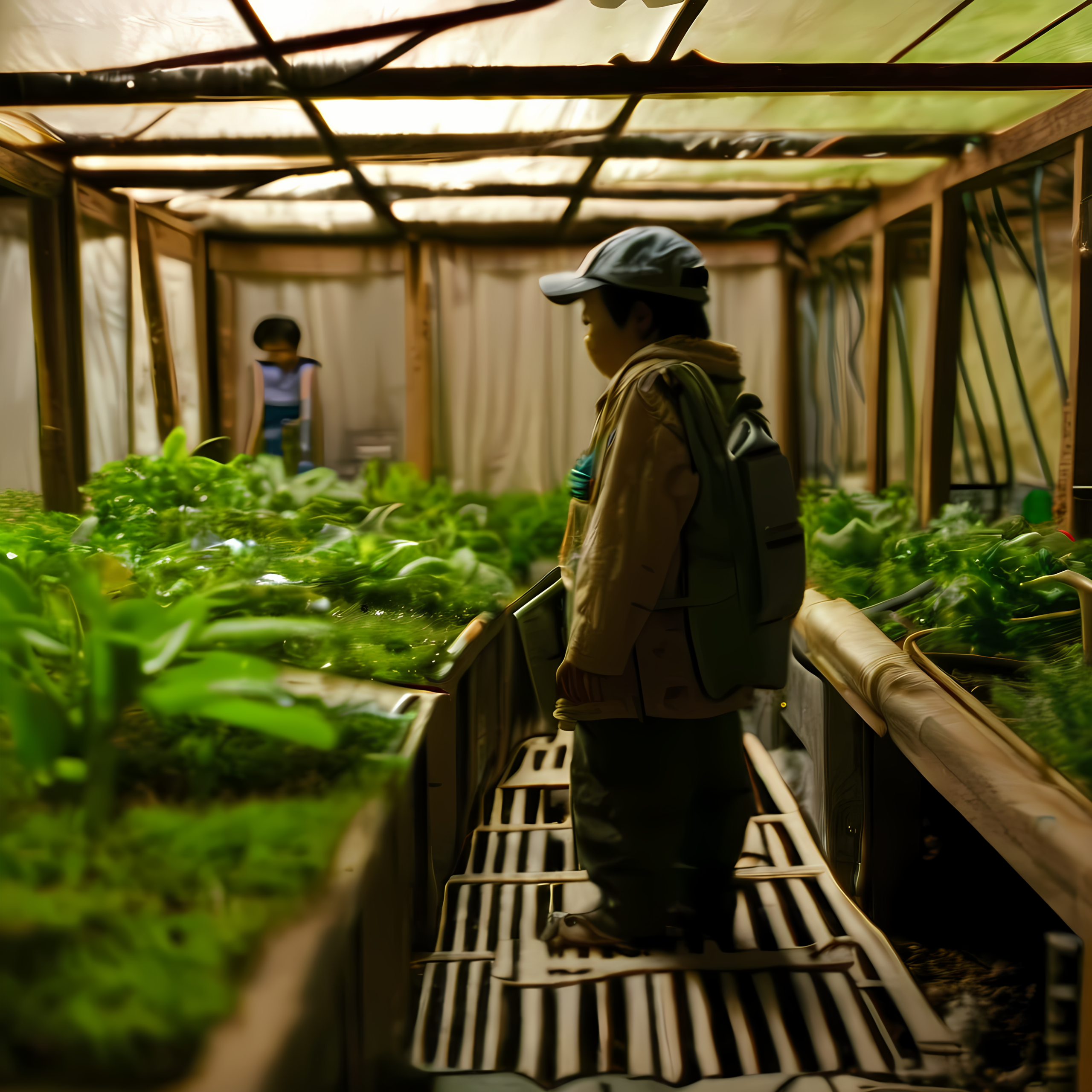 green miyagi walks through the ark settlement. makeshift shelters, a communal garden under grow lights, a water filtration system built from salvaged eco drop parts. children play with toys made from circuit boards. hope exists here, fragile but real.