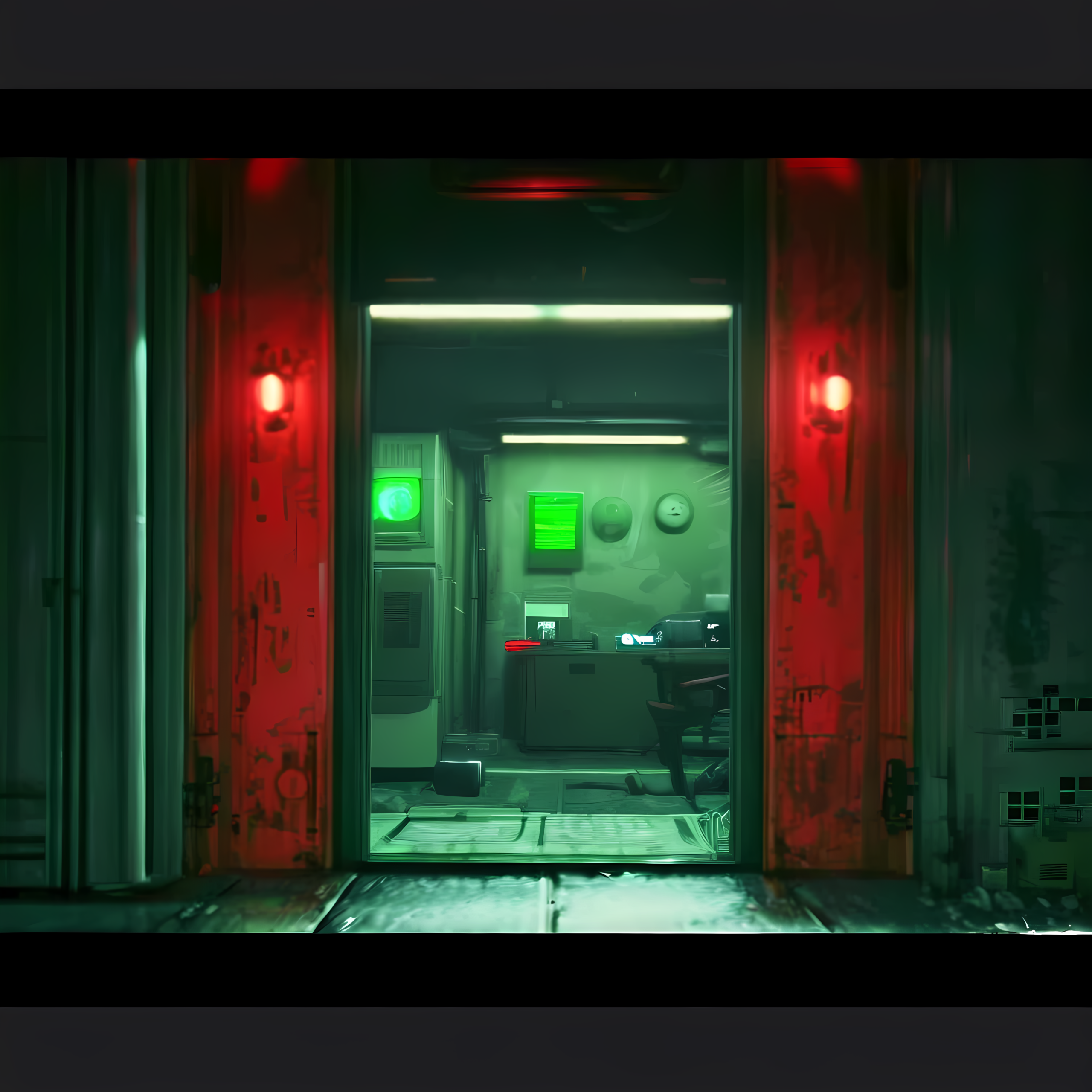 the system responds. alarms. locked doors. automated defenses. green miyagi is trapped inside the command center as the building seals itself. emergency lighting shifts to red. a recorded message plays — theodore vallance's voice, calm and prepared.