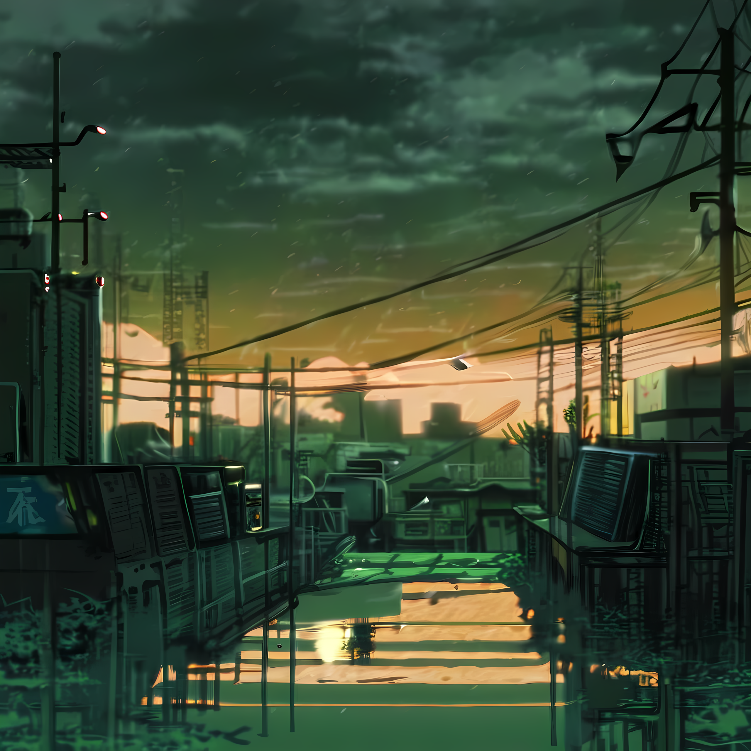 the command center settles. water recedes from the lower levels as the self-destruct timer fails without the system to trigger it. green miyagi emerges from the building into daylight — real daylight, not the grey haze that has covered the city for years. the sky is clearing. birds circle. somewhere, a siren stops.
