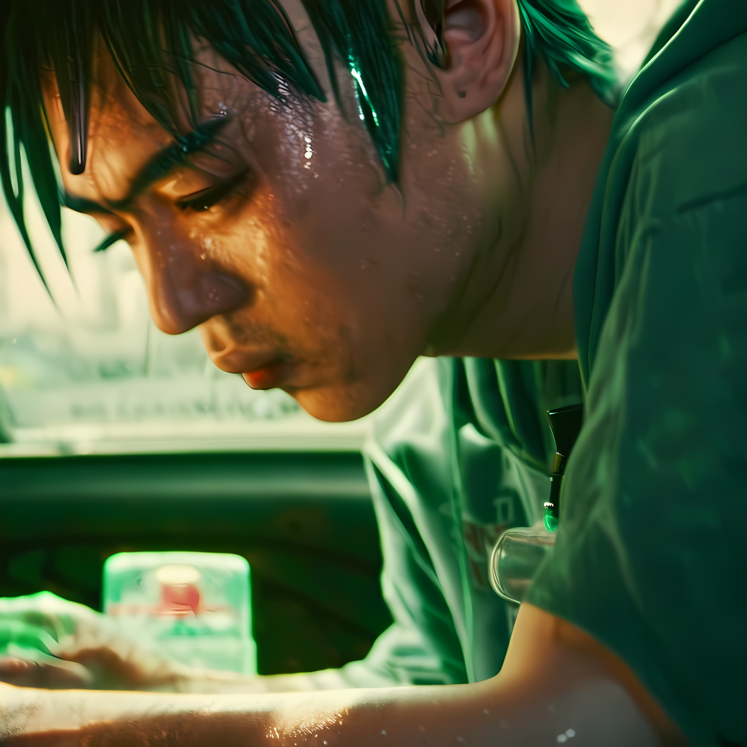 flashback. warm saturated light. a tattoo parlor. green miyagi, younger, getting the teardrop-earth tattoo on the left cheek. then cuts to the first eco drop car wash setup — a mobile rig, a bucket, spray bottles, a laptop running clean code. the vision board in the background reads 'cleaner cars, cleaner waters, cleaner consciences.' everything is bright, possible, full of intention. the data from the vision page flickers on a screen: 97.78% of our water needs. nice.