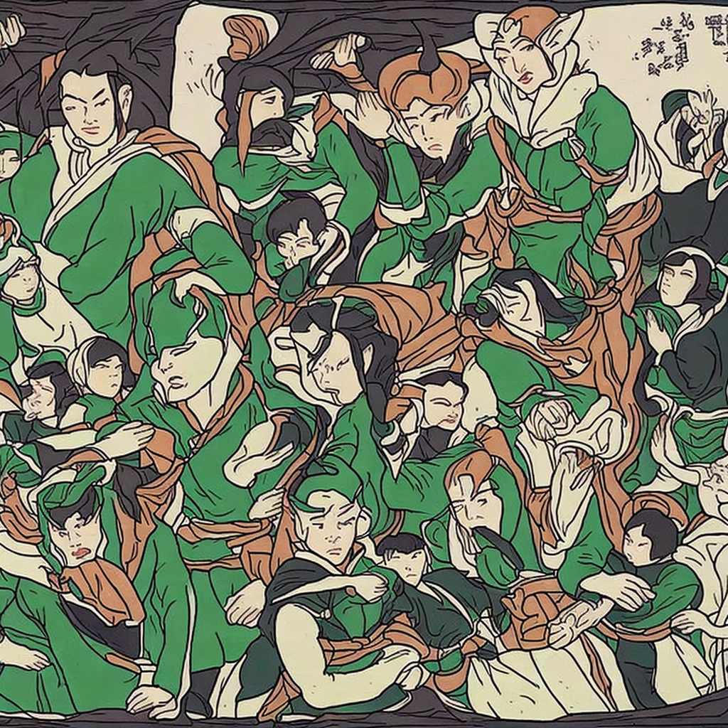 green miyagi rows back to the ark. the community gathers at the edge of their platform. children wave. the stranger from before — the woman with the lantern — extends a hand to help green miyagi out of the boat. the face tat is gone or covered, but the eyes carry the same weight — lighter now, but not empty.