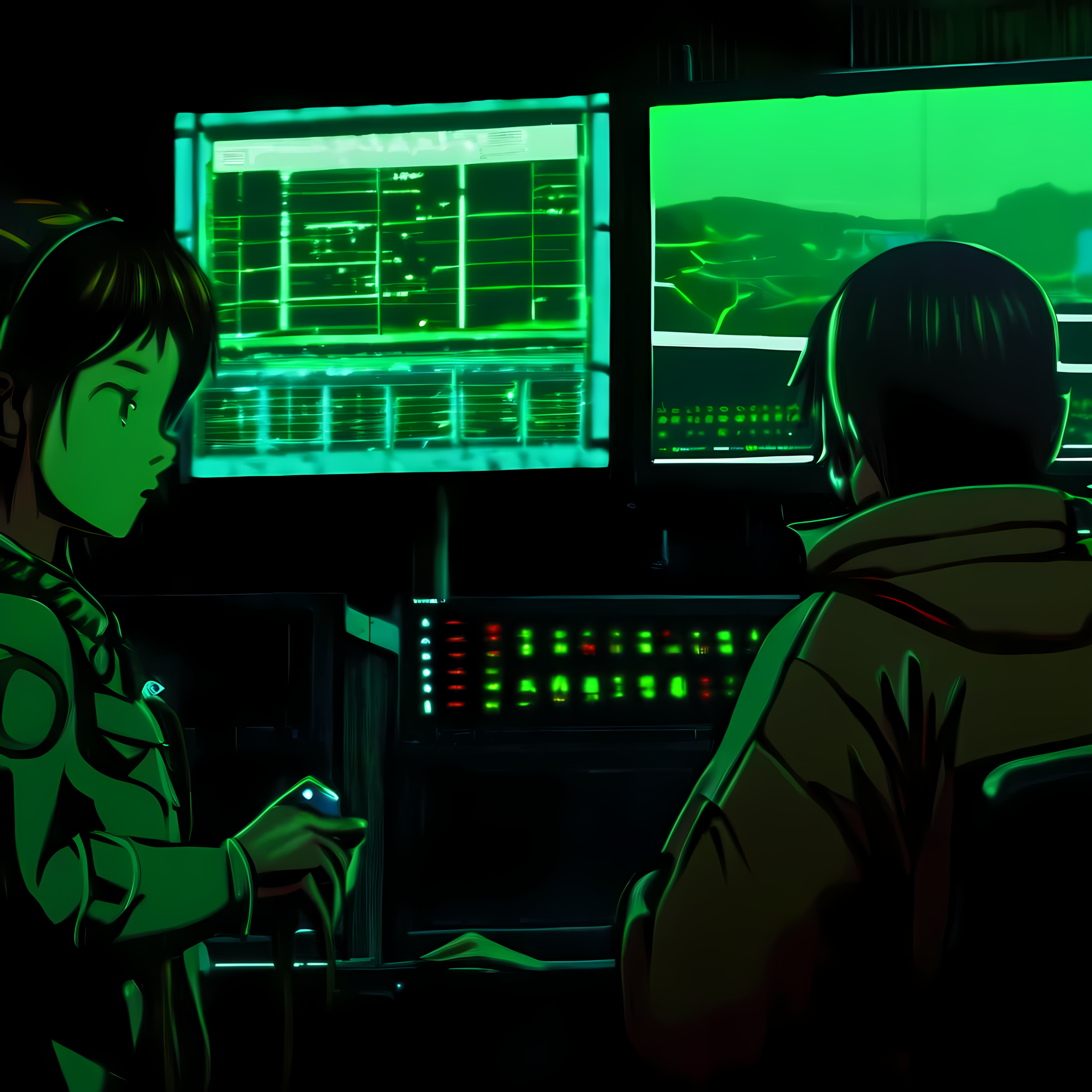 green miyagi searches the command center. walls of servers, decades of data, the complete history of the operation. one terminal shows a live feed of the ark's campfire lights in the distance. another shows the tattoo's signal history — every location green miyagi has ever visited, mapped and catalogued.