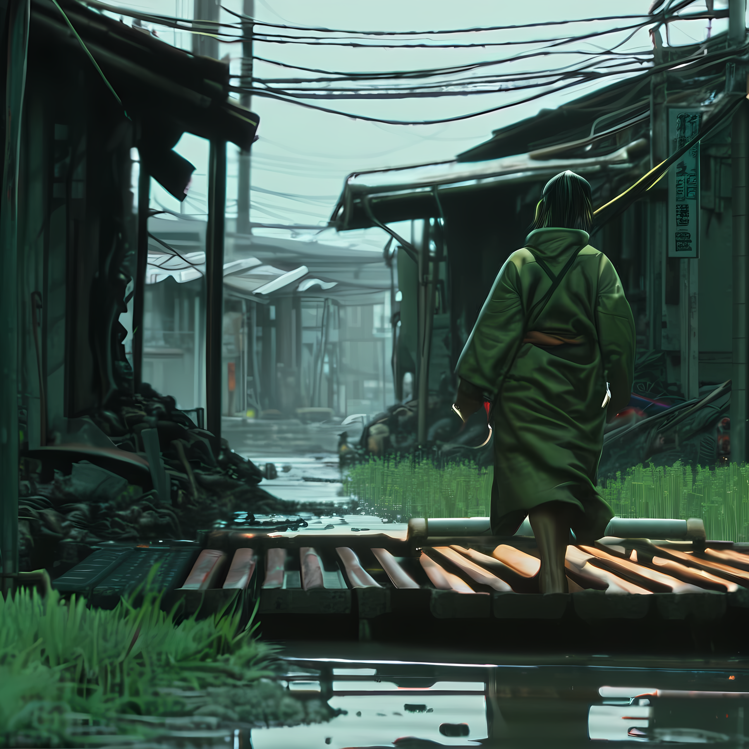 green miyagi rows back to the ark. the community gathers at the edge of their platform. children wave. the stranger from before — the woman with the lantern — extends a hand to help green miyagi out of the boat. the face tat is gone or covered, but the eyes carry the same weight — lighter now, but not empty.