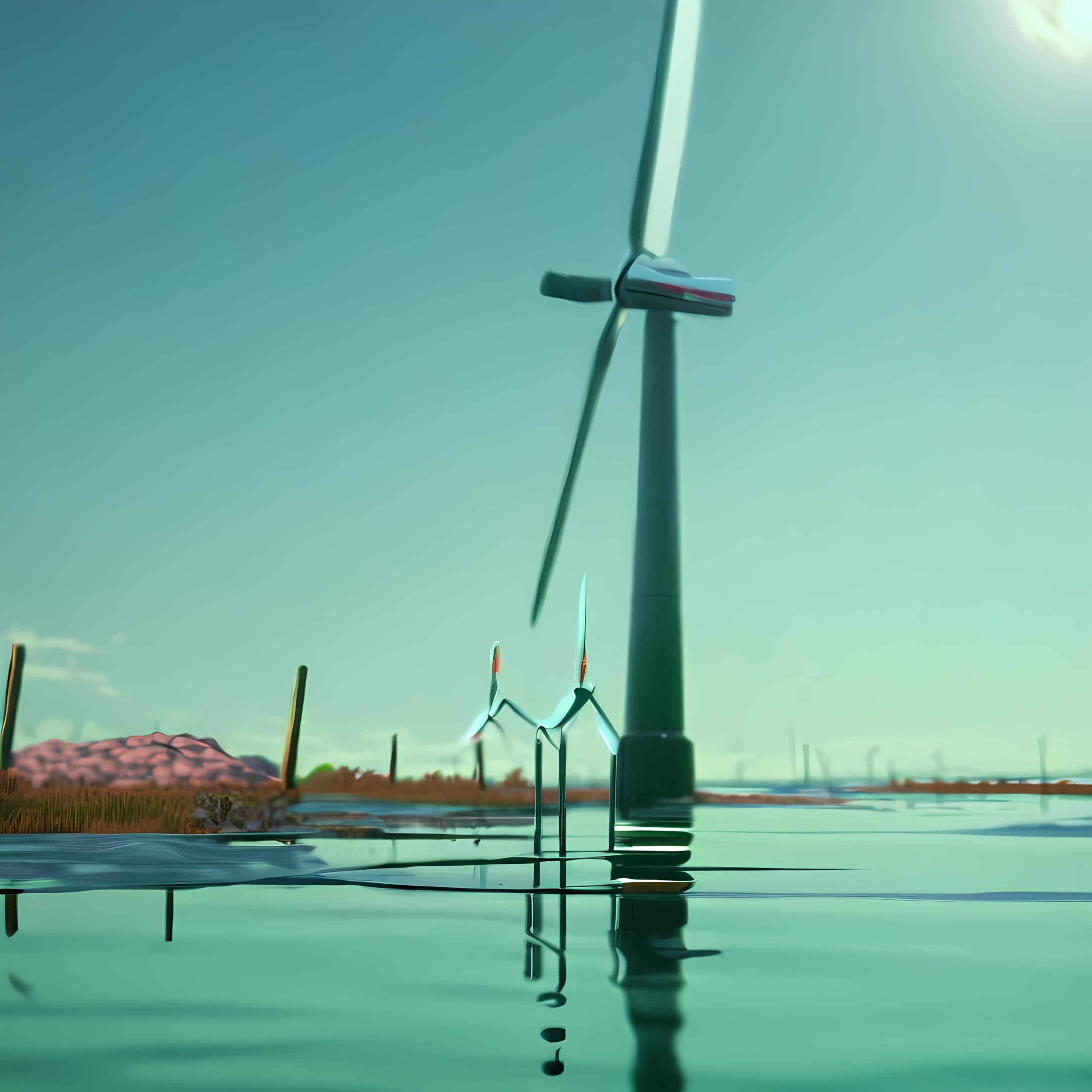 return to present. green miyagi navigates through a graveyard of submerged green technology — flooded solar panels tilted at odd angles, a wind turbine blade sticking out of the water like a monument. in the distance, a data center half-collapsed into itself. emergency lights still glow underwater, casting an eerie red through the depths. a single server rack stands above the water line, steam rising from it.