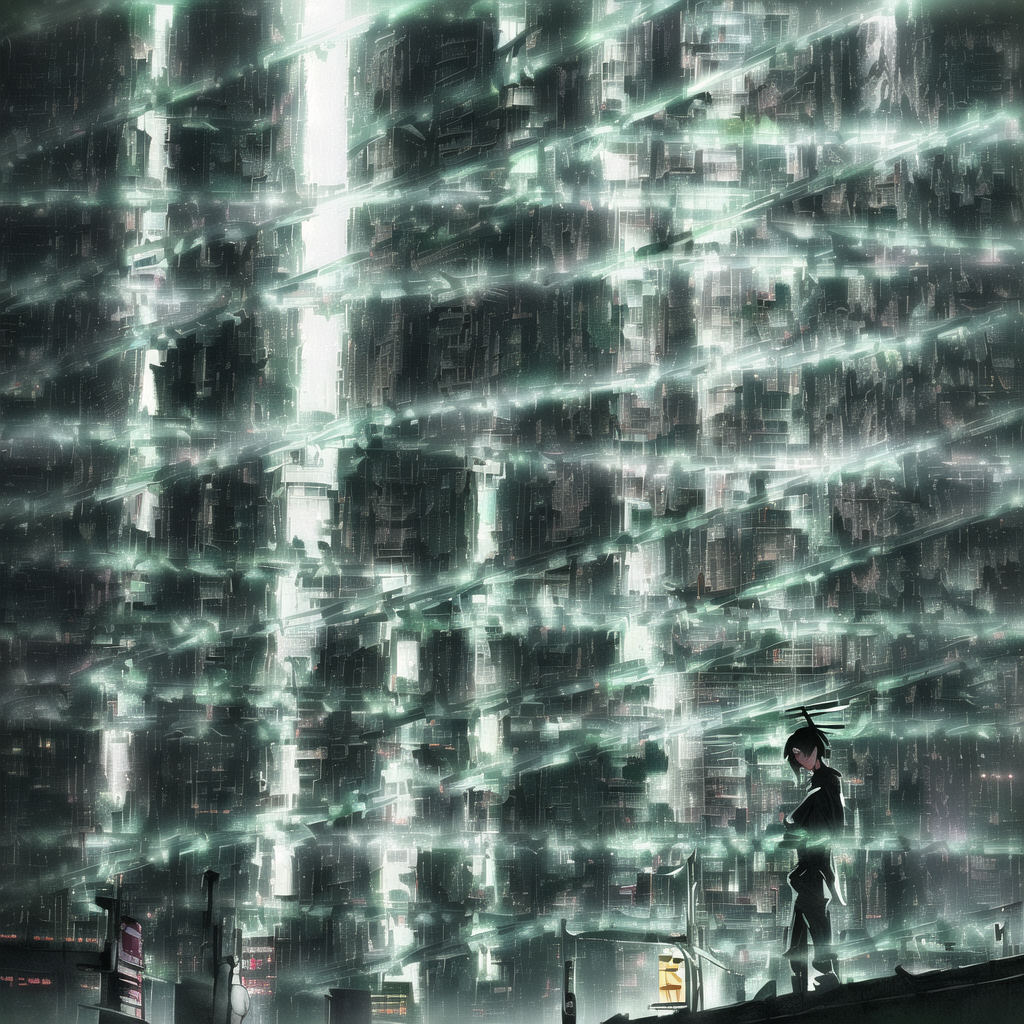 the building shakes. water begins seeping through cracks in the lower walls. green miyagi stands before a central console, the glowing teardrop-earth tattoo reflected in every screen. two paths materialize — one leads to the broadcast array, the other to the infrastructure root access. green miyagi can only choose one.