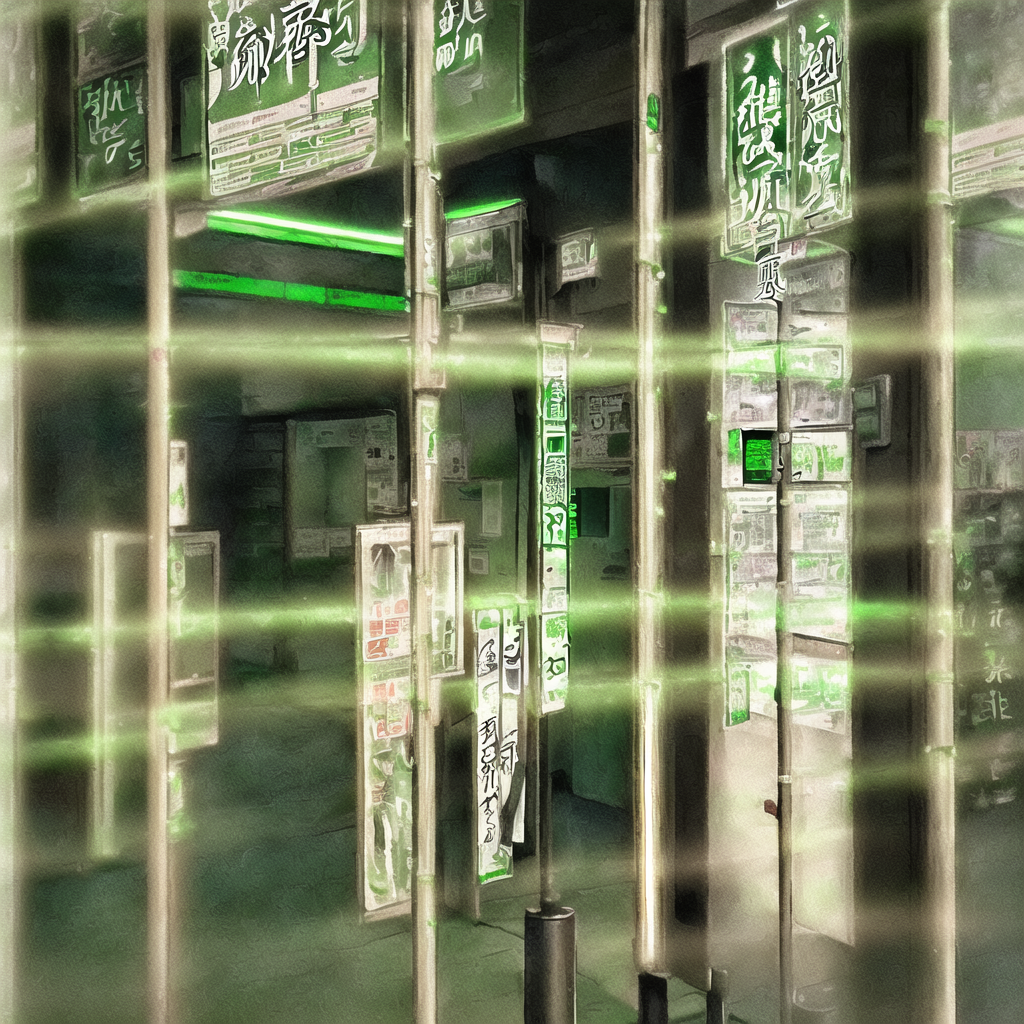 green miyagi walks the edge of receding water. old eco drop kiosks poke out of the mud like guilty appliances. one kiosk flickers alive and prints a coupon for free guilt with purchase.