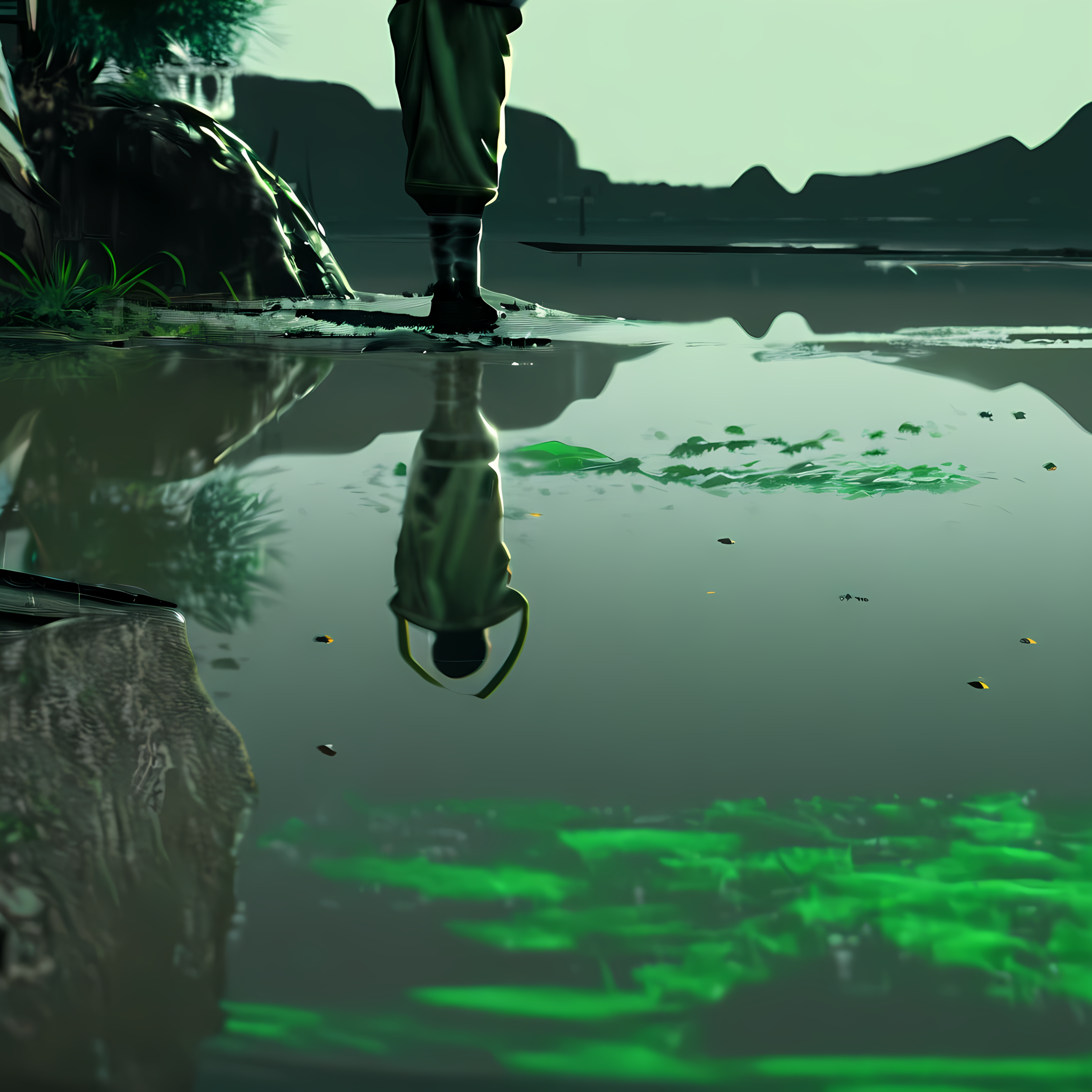 green miyagi stands at the edge of the ark, looking out at the water. a wind picks up, rippling the surface. the reflection of the teardrop-earth tattoo appears upside-down in the water — a visual echo of the earlier scene from episode 1.