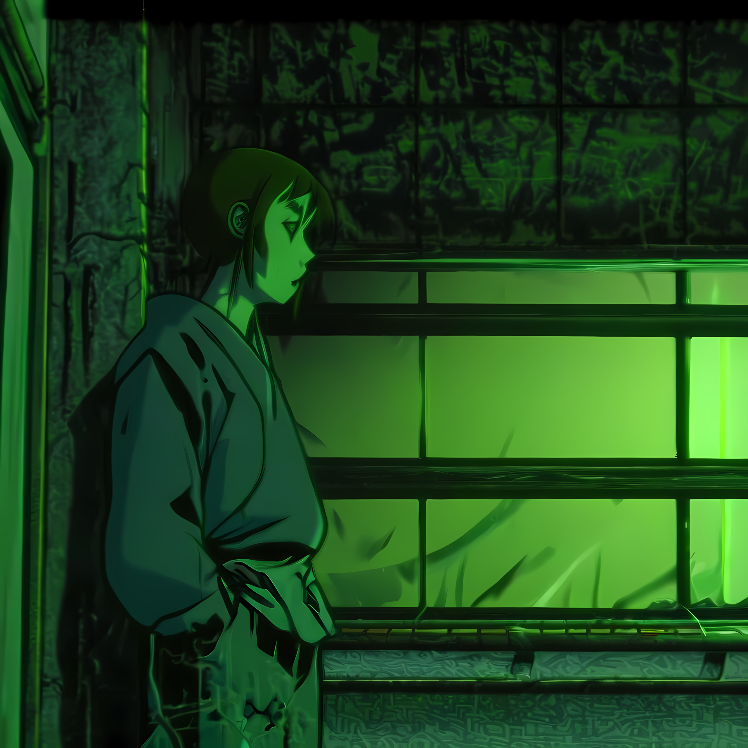 the building shakes. water begins seeping through cracks in the lower walls. green miyagi stands before a central console, the glowing teardrop-earth tattoo reflected in every screen. two paths materialize — one leads to the broadcast array, the other to the infrastructure root access. green miyagi can only choose one.