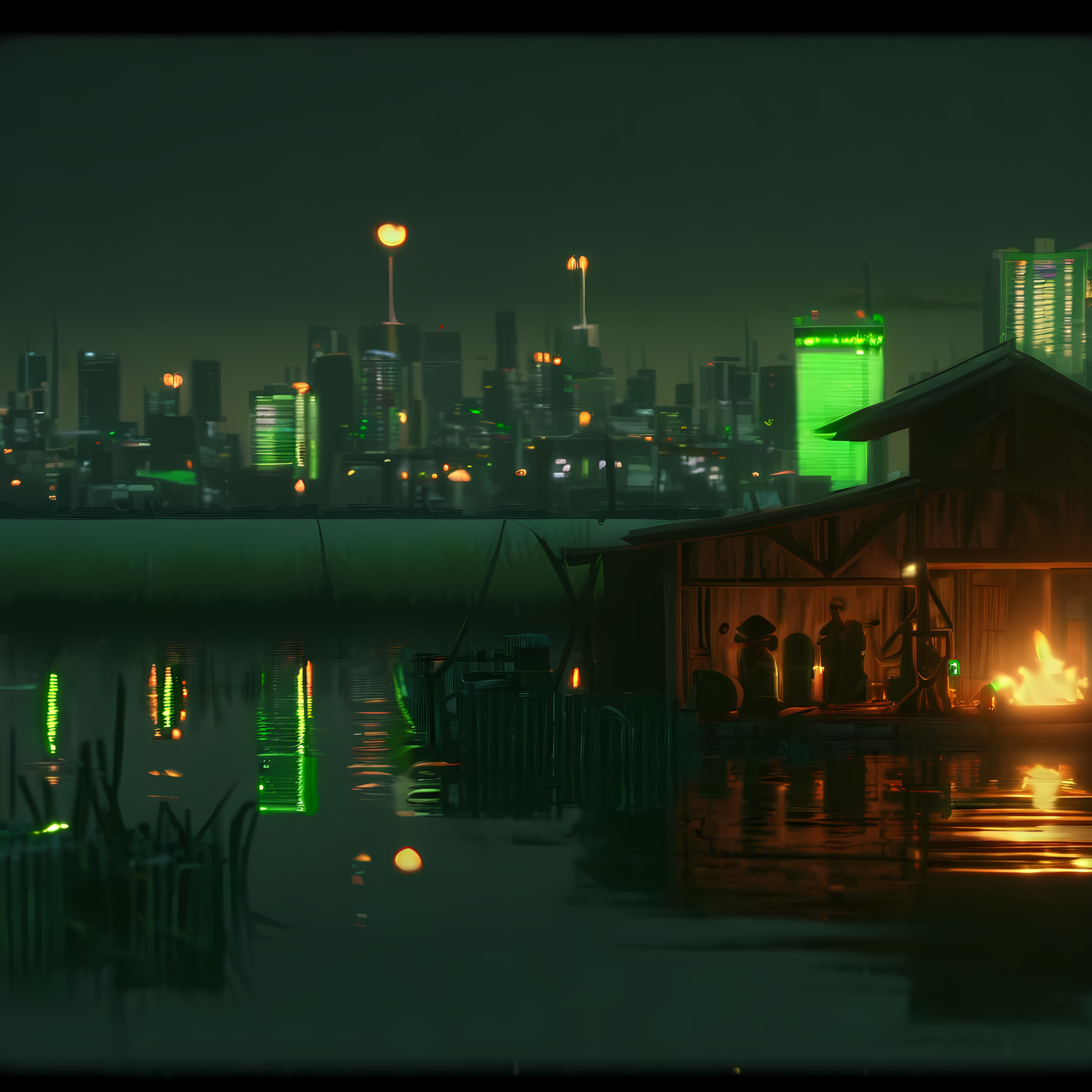 wide shot of the ark at dusk. campfires flicker. solar lanterns glow. green miyagi sits with the community, helping repair a water pump. in the distance, the city's skyline is visible again — floodwaters dropping, buildings emerging from years underwater. echo's voice comes from a salvaged speaker, warm and present.