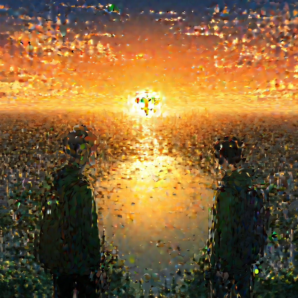 final shot. a wide aerial of the city as the sun sets — floodwaters golden with reflected light, buildings emerging like monuments, the ark's lights flickering in the middle distance. the camera pulls back. clouds part. the teardrop earth logo appears one last time — not on green miyagi's face, but in the sky, reflected in a patch of clear water, a promise that no longer needs a face to carry it. the series title appears: miyagi comical. the end.