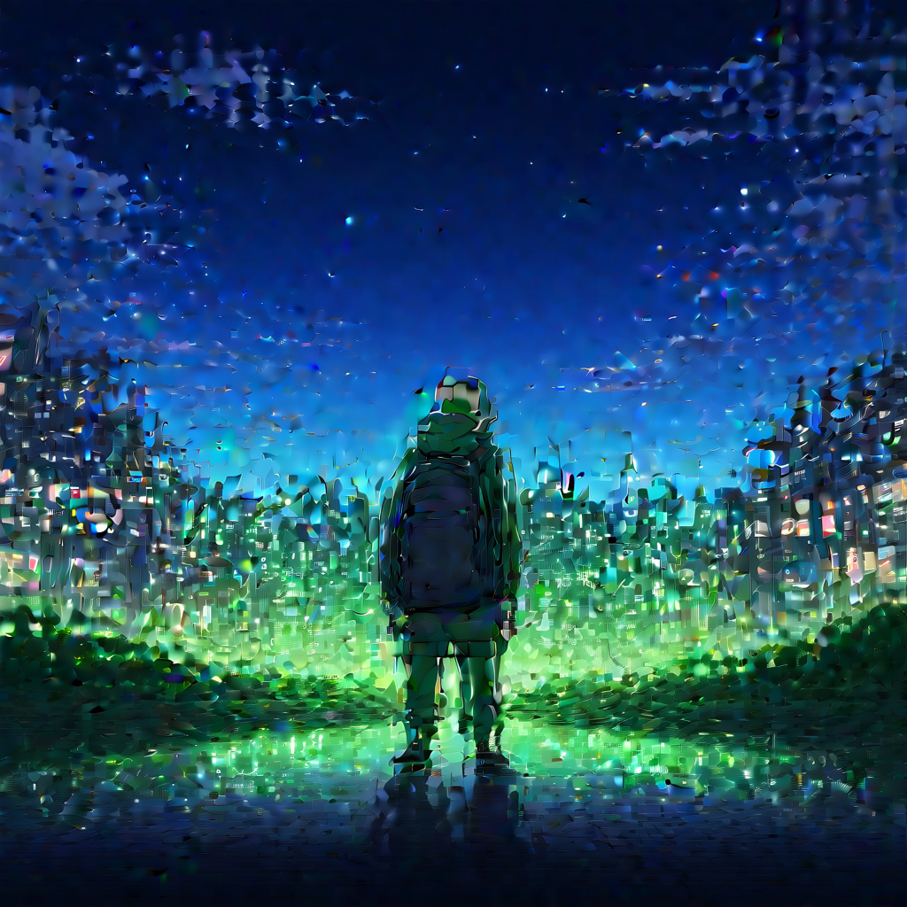 night. green miyagi stands with echo, the puddles, the community, and the suspicious goat. in the distance, the old eco drop headquarters lights up one last time like a store announcing a clearance sale on consequences.