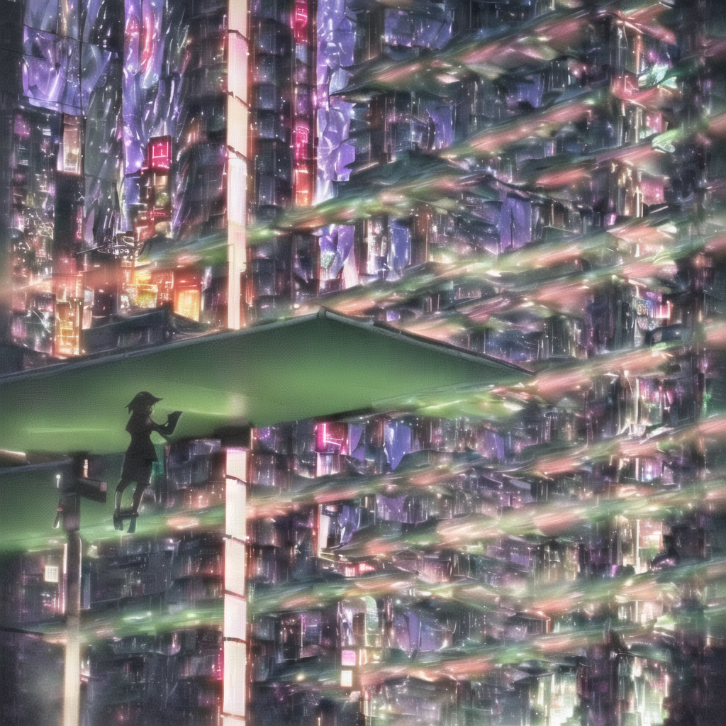 sunset on the roof. the eco drop logo is removed and replaced with a crooked sign: public works, probably. below, the city lights come on in uneven clusters. green miyagi, echo, the ark, the puddles, and the goat watch quietly.
