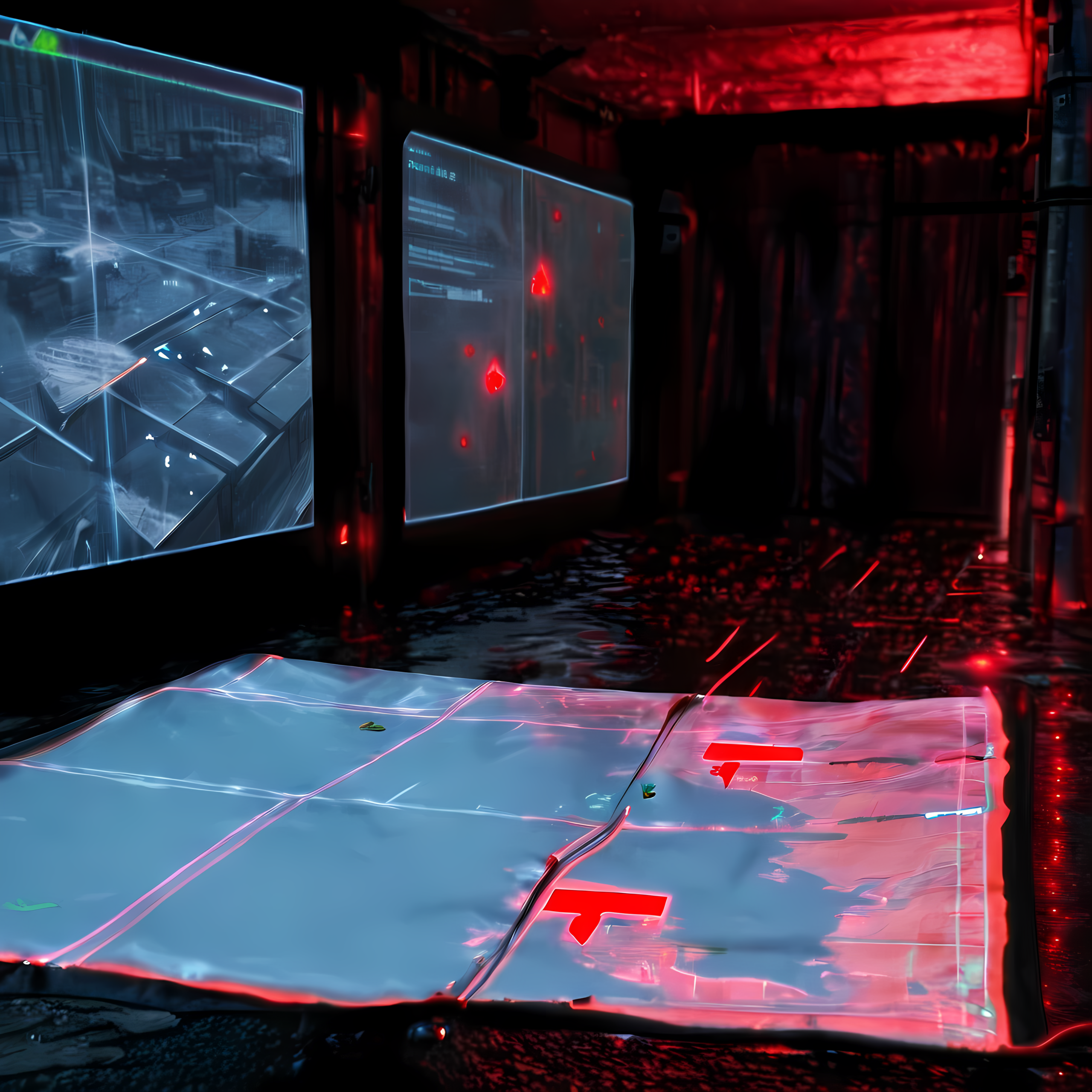 echo projects a map of the city onto the tent wall. marked points show dry zones, active infrastructure, and — highlighted in red — a location at the city's edge: an old eco drop headquarters that went offline before the flood.