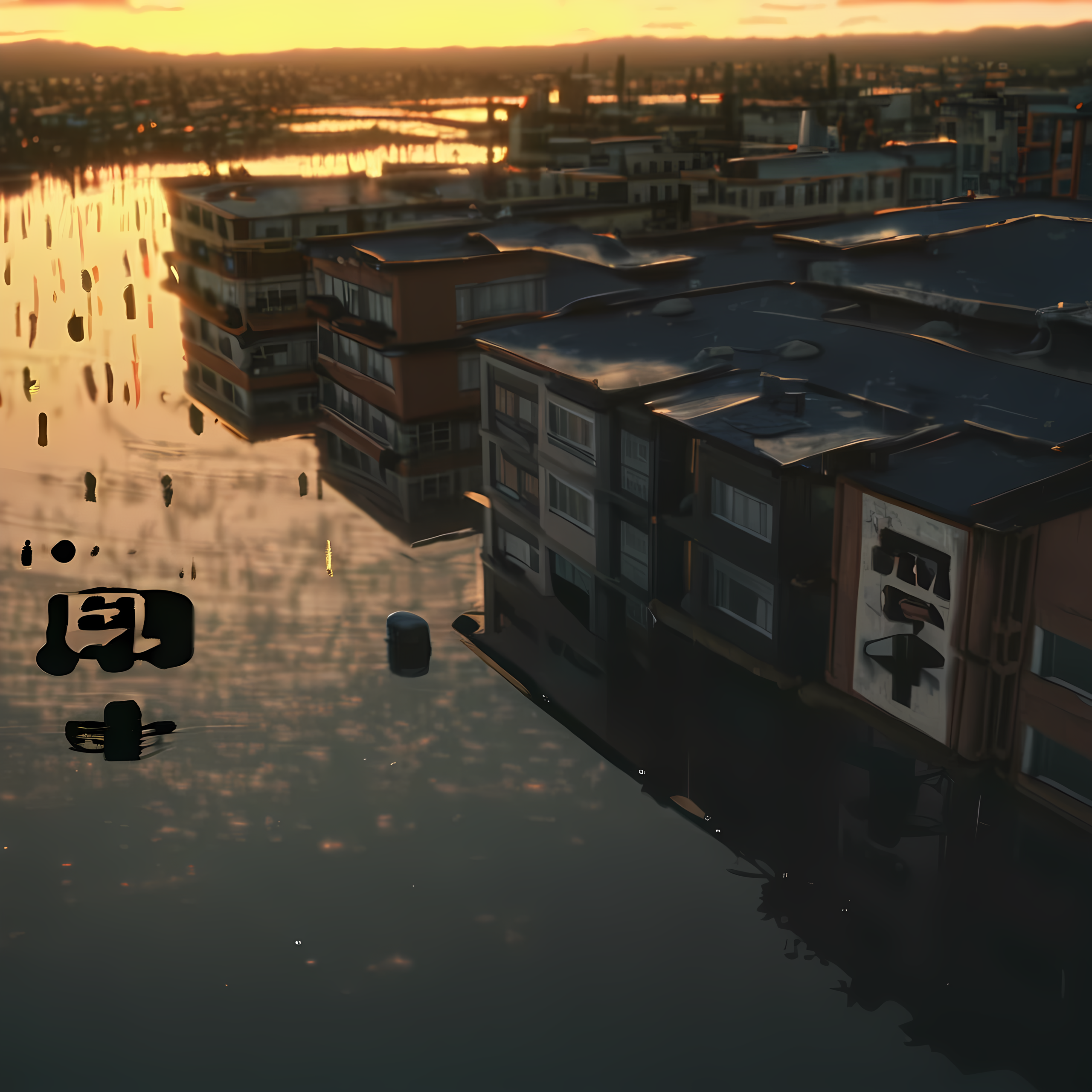final shot. a wide aerial of the city as the sun sets — floodwaters golden with reflected light, buildings emerging like monuments, the ark's lights flickering in the middle distance. the camera pulls back. clouds part. the teardrop earth logo appears one last time — not on green miyagi's face, but in the sky, reflected in a patch of clear water, a promise that no longer needs a face to carry it. the series title appears: miyagi comical. the end.