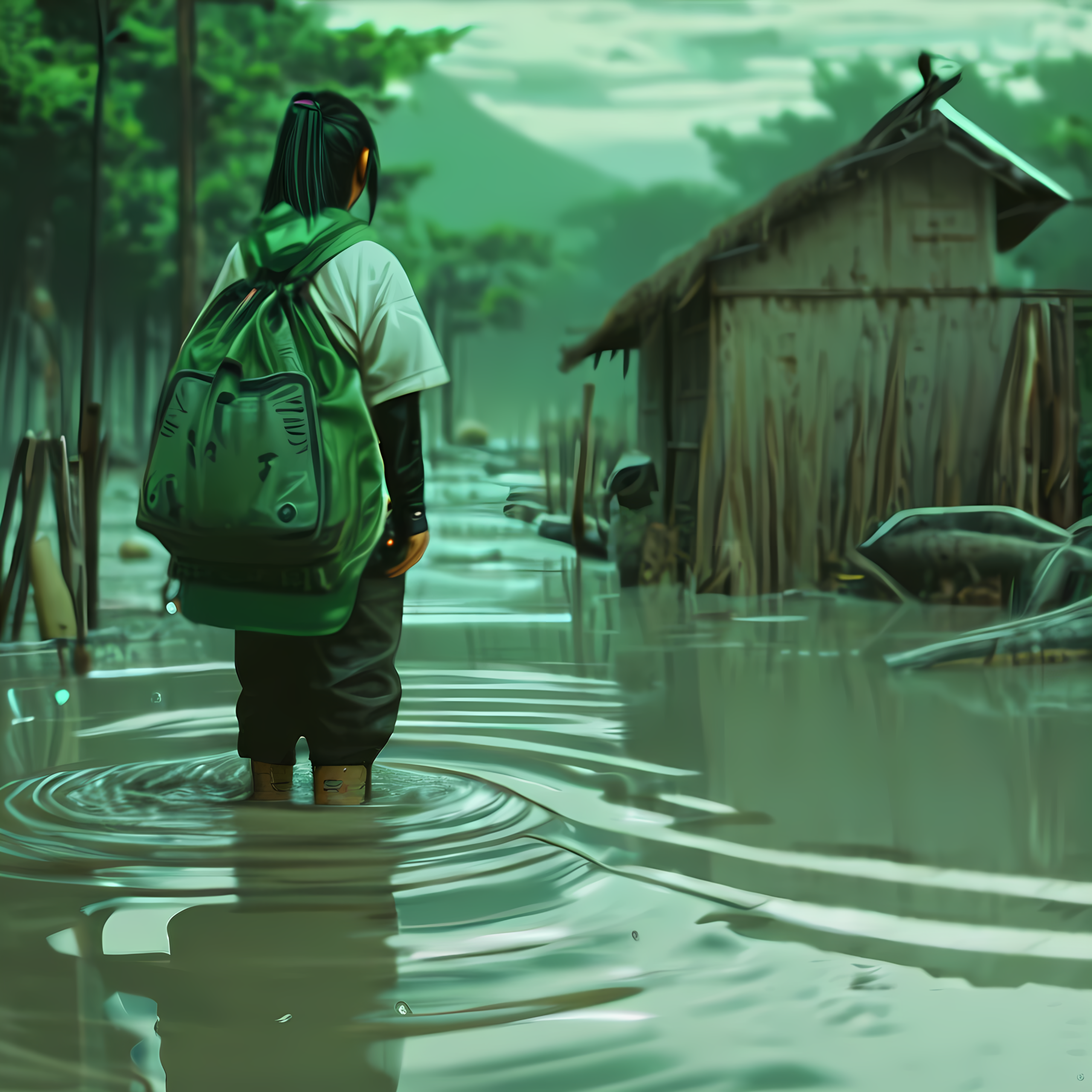 green miyagi prepares to leave the ark. the stranger from earlier hands them a waterproof pack with supplies. children wave. hope is contagious. green miyagi's tattoo seems to pulse faintly as they turn toward the water.