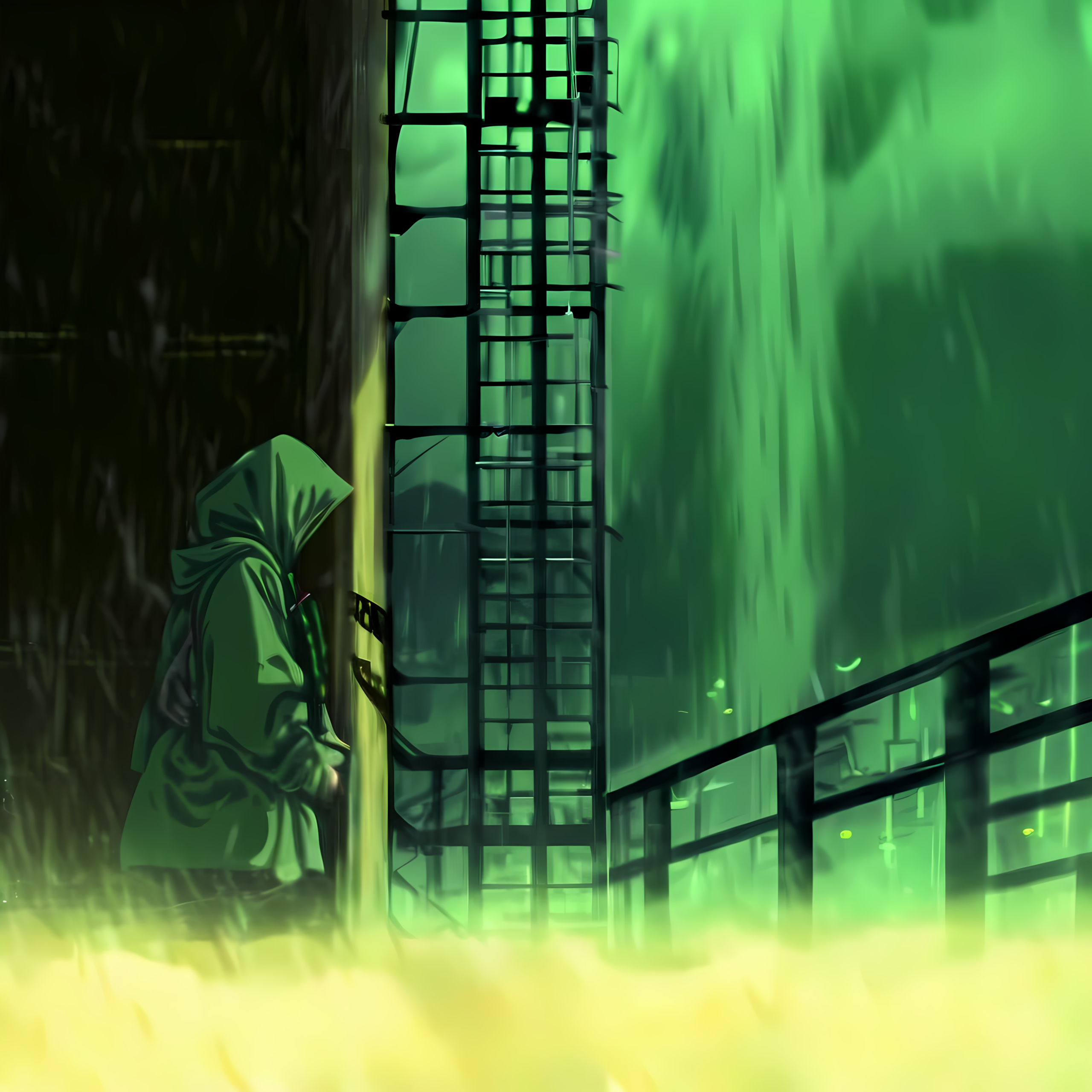 green miyagi stands at the archive entrance. a shaft of light breaks through the cloud layer for the first time — thin, golden, distorted through haze but unmistakably warm. it falls directly on the teardrop-earth tattoo. echo's server rack hums quietly. the water outside is perfectly still, reflecting the broken skyline in an almost beautiful way.