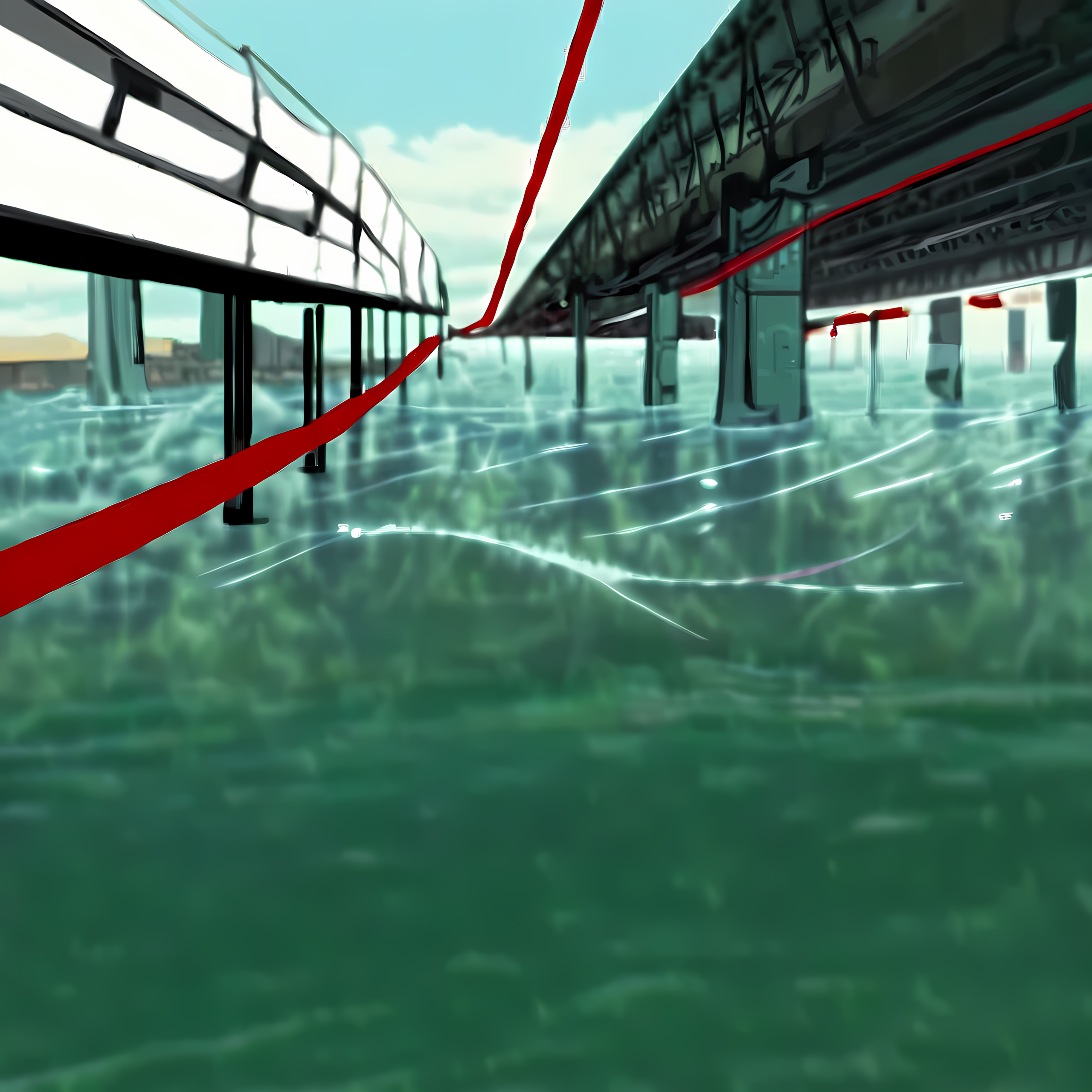 the reroute mechanism activates. green miyagi stands at the center of a circle of submerged servers, cables running from the terminal into the water. echo's voice counts down through every speaker in the data center. a ripple of white light expands across the water — not outward like a wave, but backward like time unwinding. for a single frame, the flooded city flickers whole again: dry streets, living trees, moving cars. then everything dissolves into light.